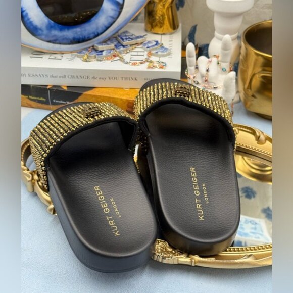 🆕 KURT GEIGER LONDON 🧿 NWOB Meena Eagle Black & Gold Studded Slide, Sz 7.5 - Picture 9 of 11